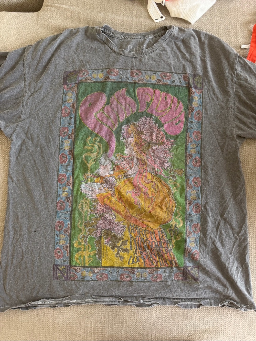 Graphic Band-Style Grey Tee with Pink & Green Psychedelic Print
